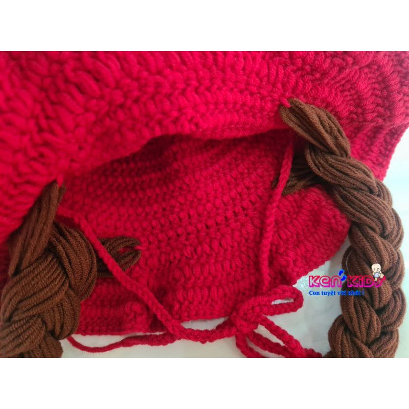 Nón mũ len mềm Táo Đỏ kèm bím tóc giả cho bé (4-8 tháng)