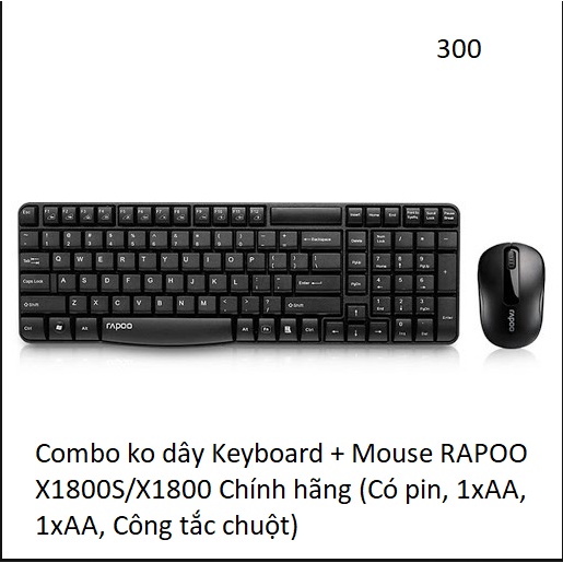 Bàn Phím Chuyên Văn Phòng Combo Phím Chuột RAPOO X1800S/X1800 Chính hãng (Có pin, 1xAA, 1xAA, Công t