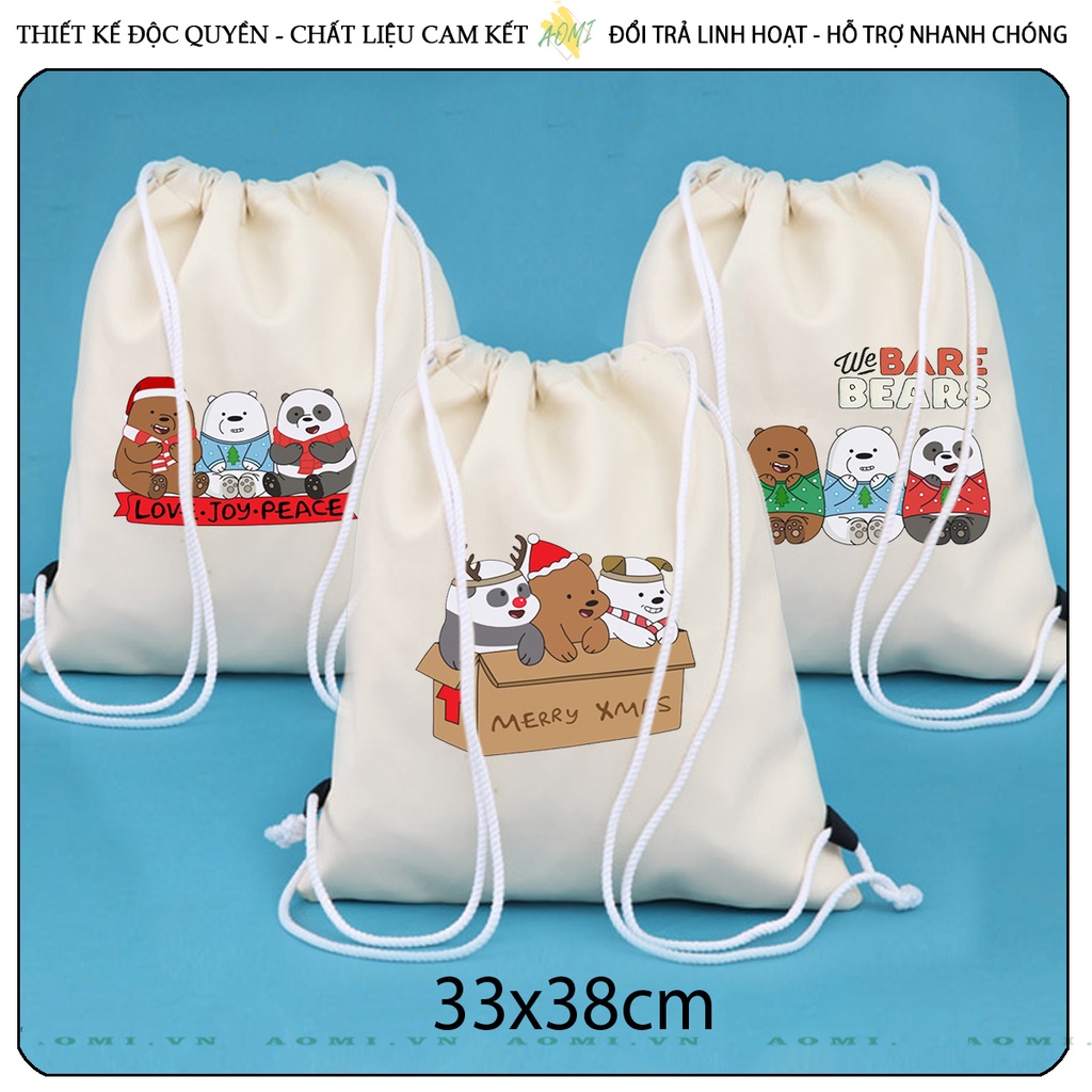 BALO MINI Kawaii 3 chú gấu we are bear AOMIVN DÂY RÚT ĐEO VAI 33x38cm NHỎ XINH UNISEX CHẤT CANVAS CUTE TIỆN ÍCH DU LỊCH