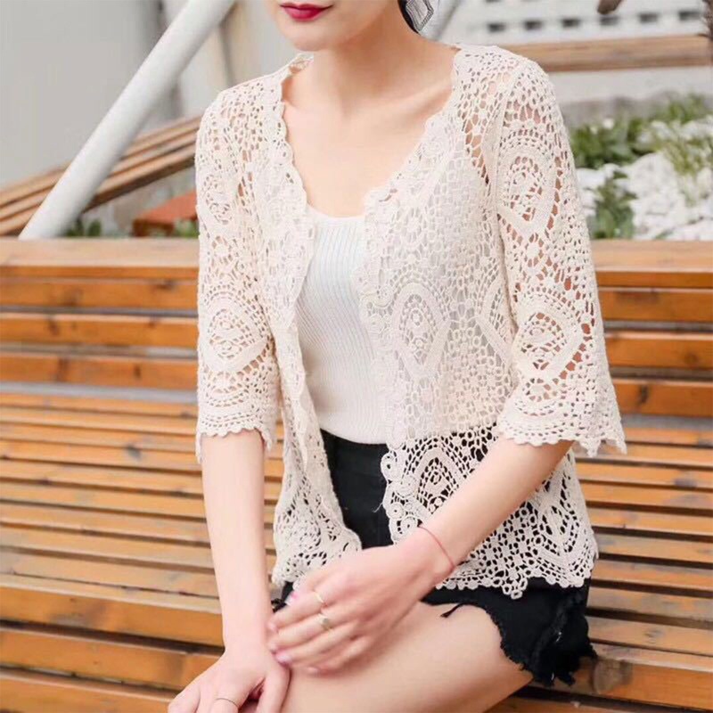 Brroa Áo Khoác Cardigan Dệt Kim Tay Lỡ 3 / 4 Thiết Kế Hở Trước Phong Cách Boho Thanh Lịch Cho Nữ