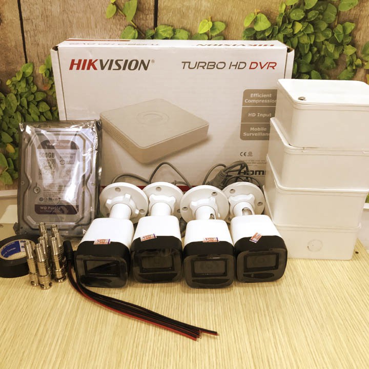 Bộ 4 camera 2MP Hikvision DS-2CE16D0T-ITF vỏ sắt, hồng ngoại 30m, đầy đủ phụ kiện