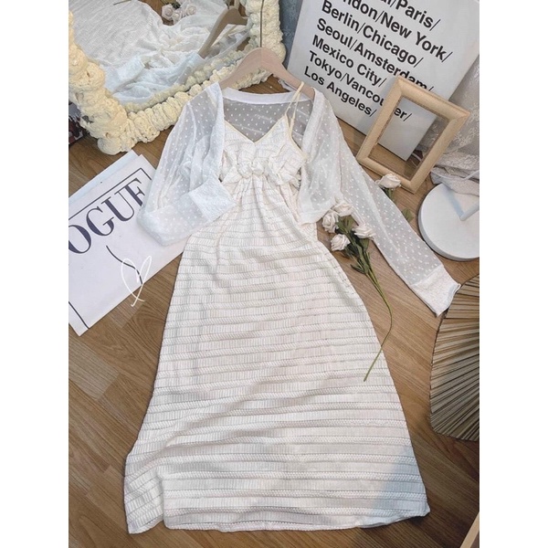 SET ĐẦM 2 DÂY BO EO MIDI KEM + ÁO KHOÁC MỎNG BI NỔI