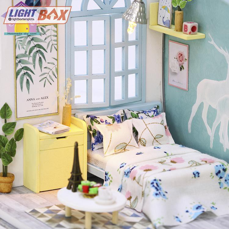 Nhà búp bê Tự làm bằng gỗ  [Nhà Mô Hình có nội thất FAMILY NAP + đèn LED] Tặng kèm khung bảo vệ