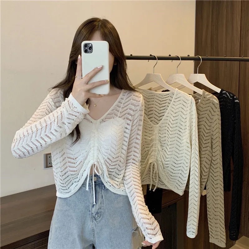 Áo Len Nữ Dài Tay Màu Nâu Trắng Đen Cổ V Rút Dây Chất Len Lưới, Áo Len Thu Đông Phong Cách Hàn Quốc Đủ Size Chất Đẹp