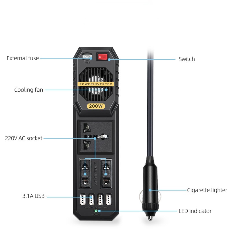 Bộ Biến Áp Nguồn Dc 12v Sang Ac 220v 200w Cho Xe Hơi