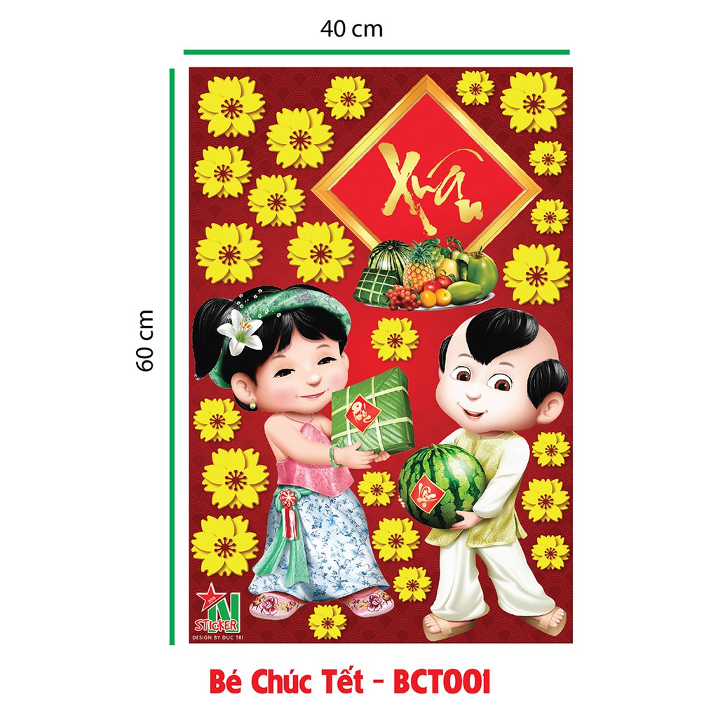Bé chúc tết, decal trang trí tết, tết thuần việt, bé chúc tết 2022, hoa mai trang trí tết dùng để trang trí cửa hàng