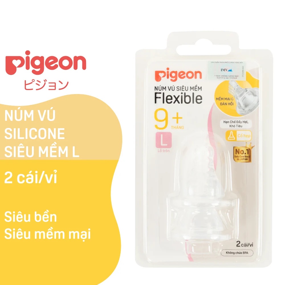 Núm ti Pigeon silicone siêu mềm S M Y L LL (Vỉ 2 cái) dùng cho bình sữa cổ hẹp