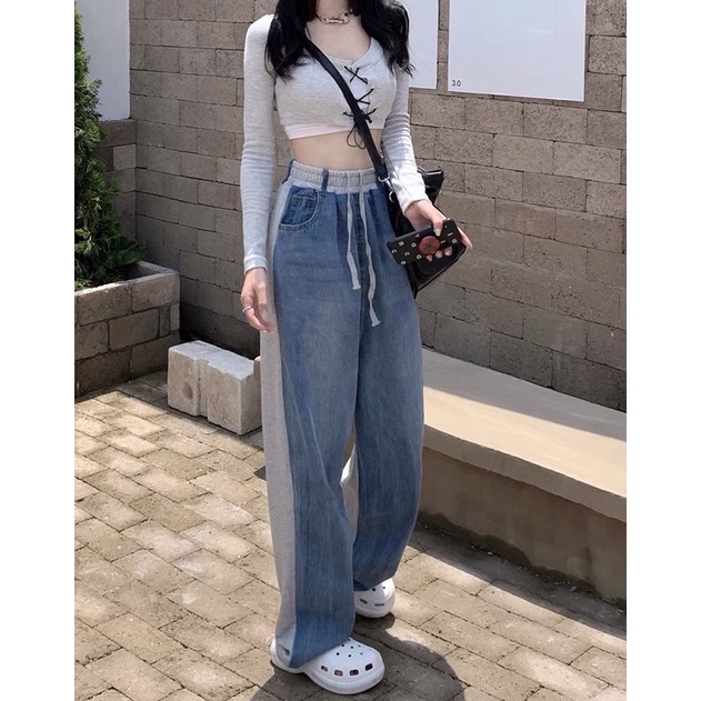 Set áo croptop đan dây ngực + quần bò jeans ống rộng phối vải nỉ cách điệu Ulzzang siêu chất ❤️