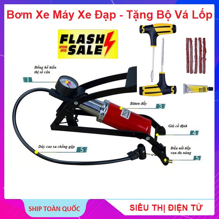 Bơm Lốp  Xe Máy, Xe Đạp ÔTÔ - Tặng Kèm Bộ Vá Lốp 5 Miếng Vá - Bơm Hơi Mini Nhỏ Gọn Tiện Dụng - Bảo Hành 12 Tháng