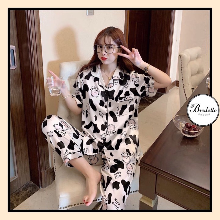 [Bra102.vn] Bộ Pijama lụa cho nữ họa tiết Bò Sữa hot nhất mùa hè 2021- Bộ ngủ đồ mặc nhà chất vải trơn nhẹ cực chất B053