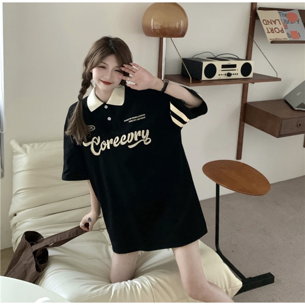 Áo Polo Coreevry Tay Lỡ In Họa Tiết Ngực Cotton Chính Phẩm,Áo Thun Có Cổ Nam Nữ 2 Màu Trend