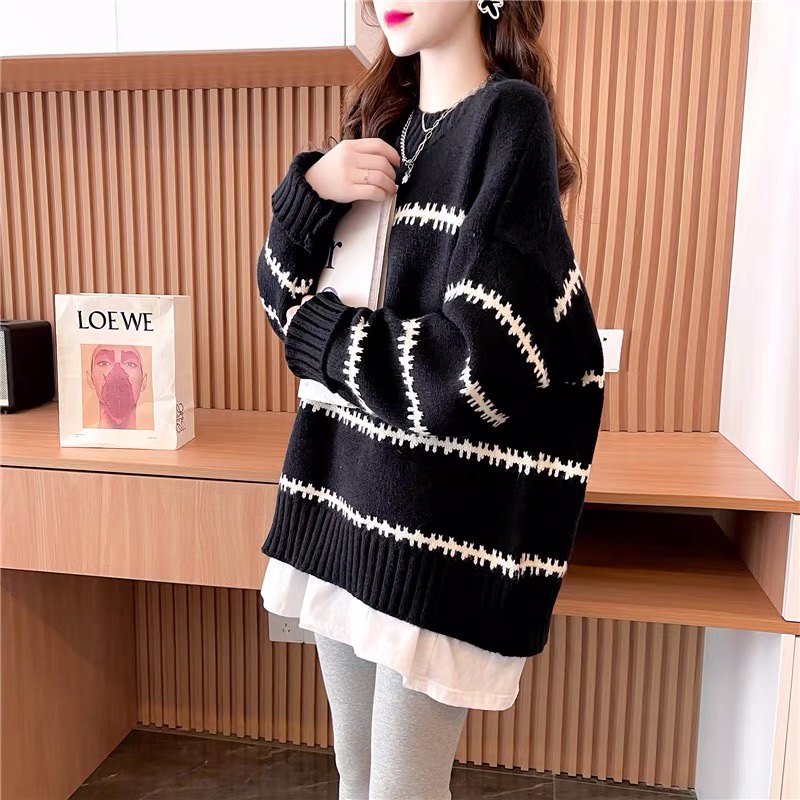 Áo len chui đầu cổ 3 phân kẻ sọc ngang nhỏ Forgirl dày dặn dáng rộng