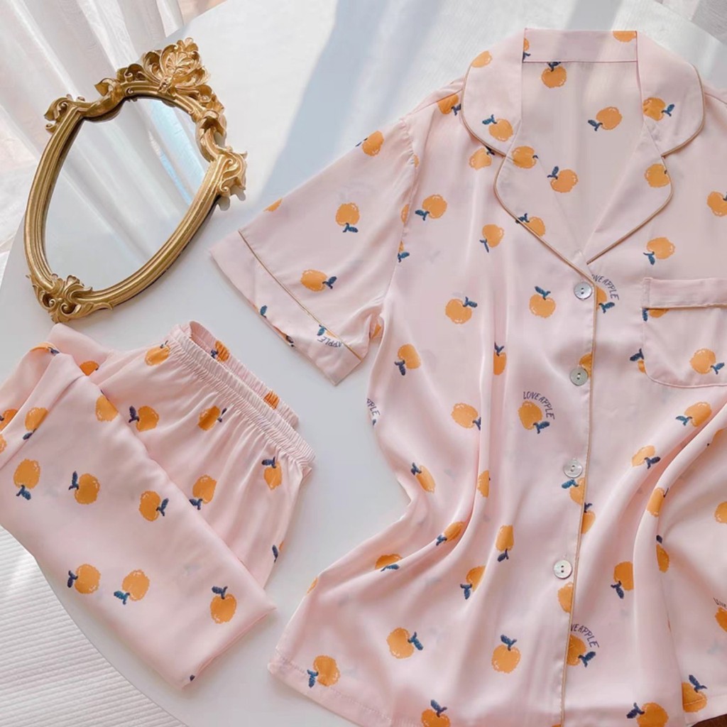 Bộ đồ ngủ mặc nhà red apple pijama lụa satin cao cấp chất mát hot trend hè 2021 | BigBuy360 - bigbuy360.vn