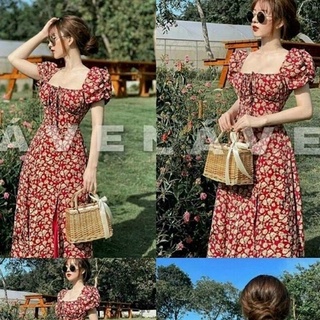 Đầm hoa maxi nữ xẻ tà tay phồng cổ chữ u chất lụa voan freesize 55kg kiểu dáng tinh tế quyến rũ