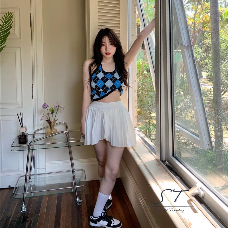 NFW-Áo hai dây dệt kim cổ chữ U không tay họa tiết hình thoi màu xanh dương/tím thời trang mùa hè cho nữ