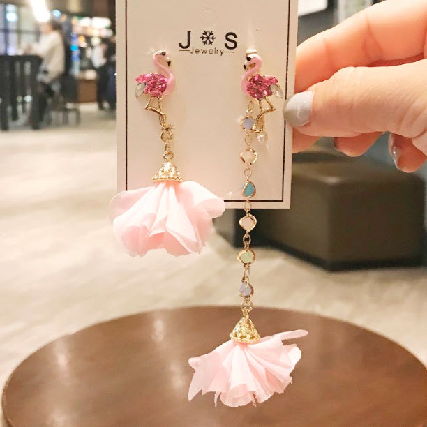 Bông Tai Thời Trang Hàn Quốc S925 Bạc Thân Flamingo Treo Hoa Hồng Xù Ở Bên kia Mặt Sau KR-058