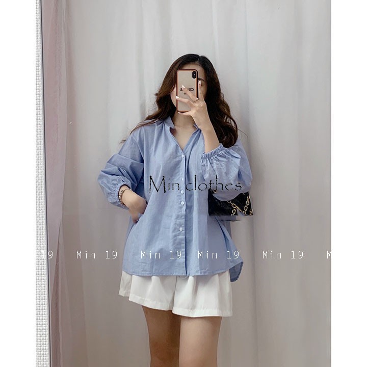 Áo sơ mi nữ kiểu tiểu thư Hàn Quốc đẹp cổ tàu bánh bèo vải đũi tay phồng form rộng bigsize màu trắng nâu xanh thời trang