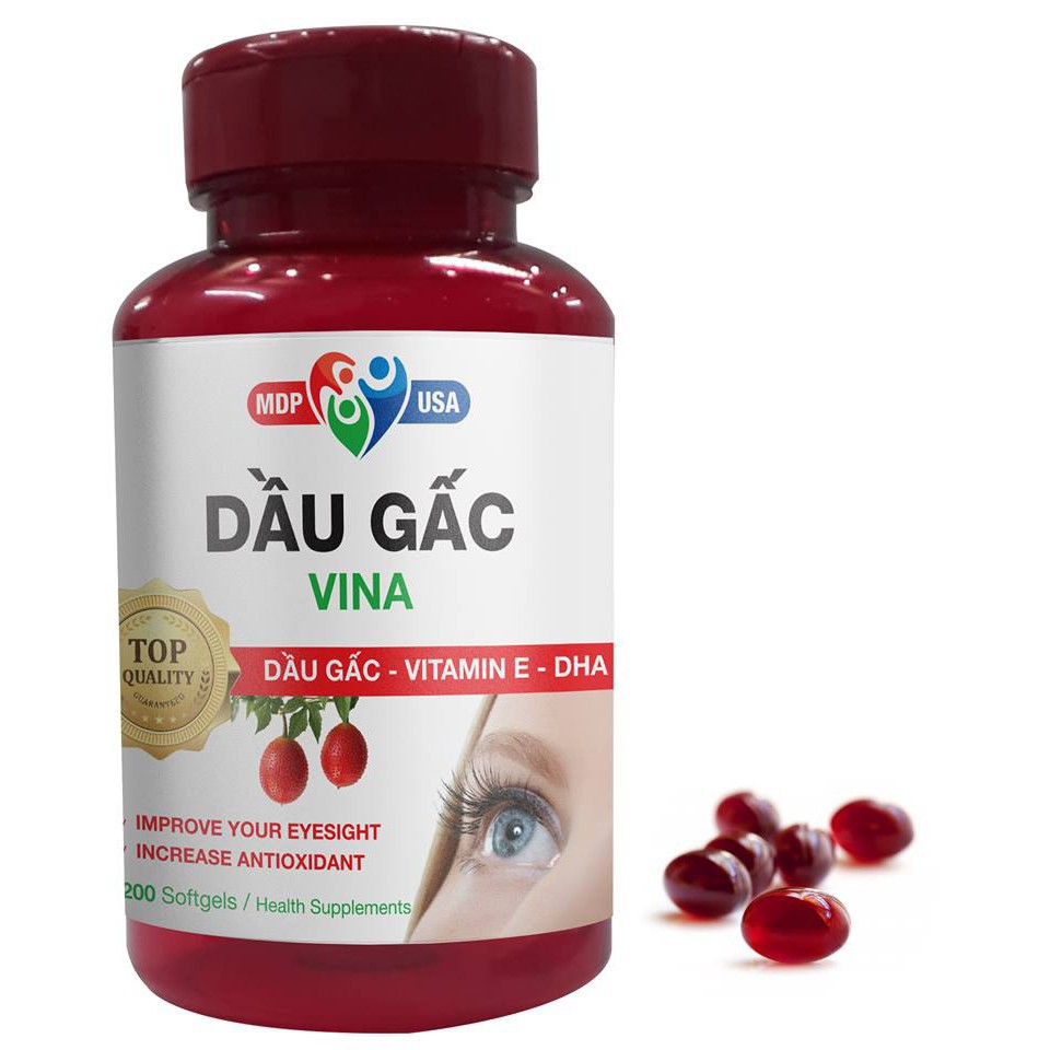 Thực phẩm Dầu Gấc Vina - Bổ sung dưỡng chất cần thiết cho mắt, tăng cường thị lực - Lọ 200 viên