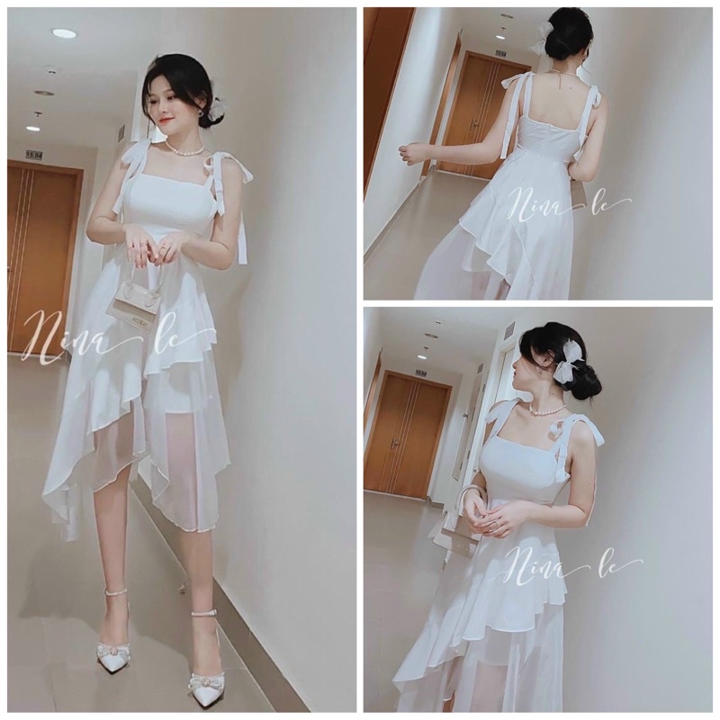 Đầm dự tiệc 2 dây nơ vai tà lệch phối voan sang chảnh - Hình thật
