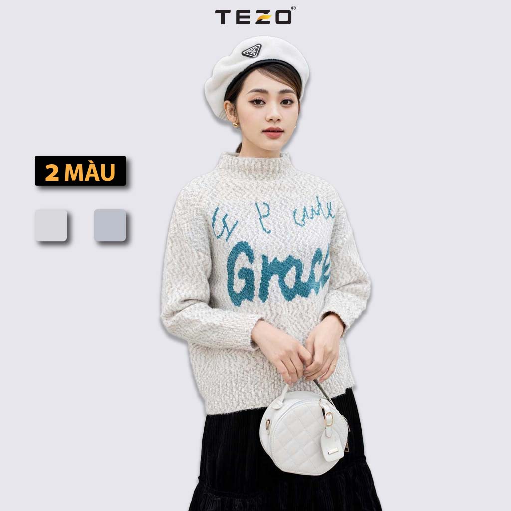 Áo len nữ phối màu TEZO, áo len cổ cao thêu chữ hai màu trắng xanh phong cách hàn quốc siêu xinh mã 2111AL3T01