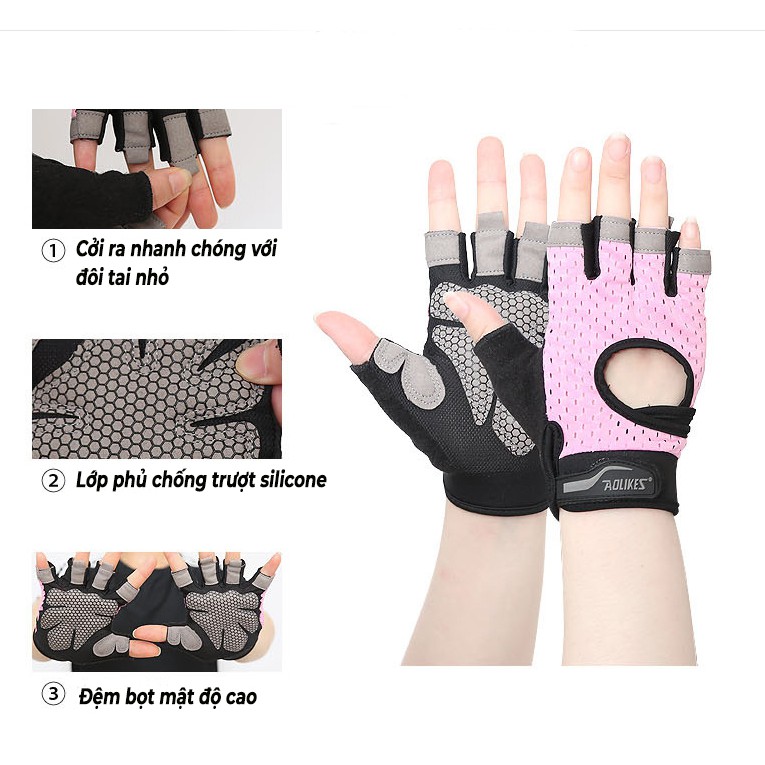 Găng Tay Tập Gym Nam Nữ Aolikes 113 Thiết Kế Có Khóa Chặt Co Giãn Giúp Thoáng Khí Chống Trơn Trượt