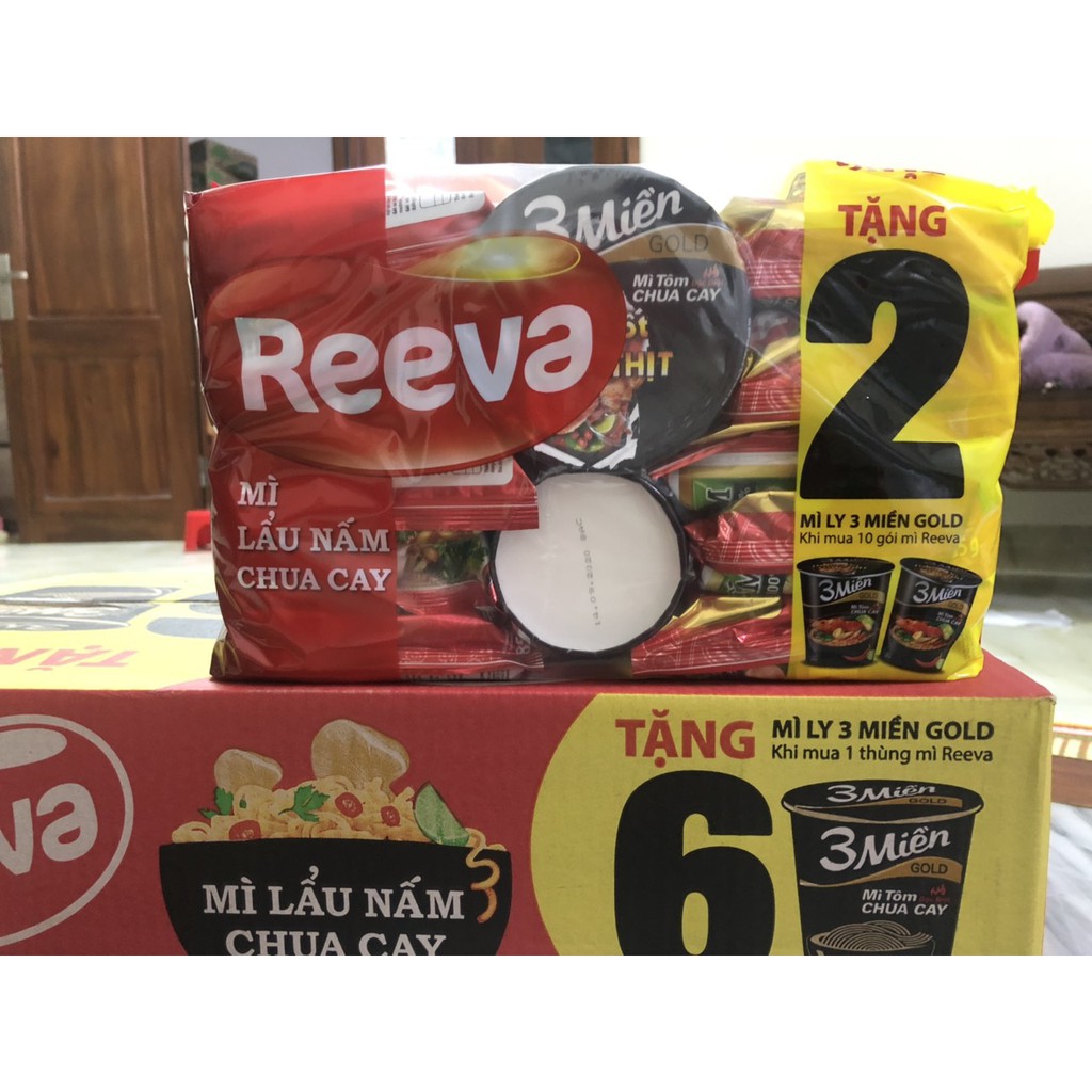 THÙNG 30 GÓI MÌ LẨU NẤM CHUA CAY REEVA 85G tặng 6 ly ba miền