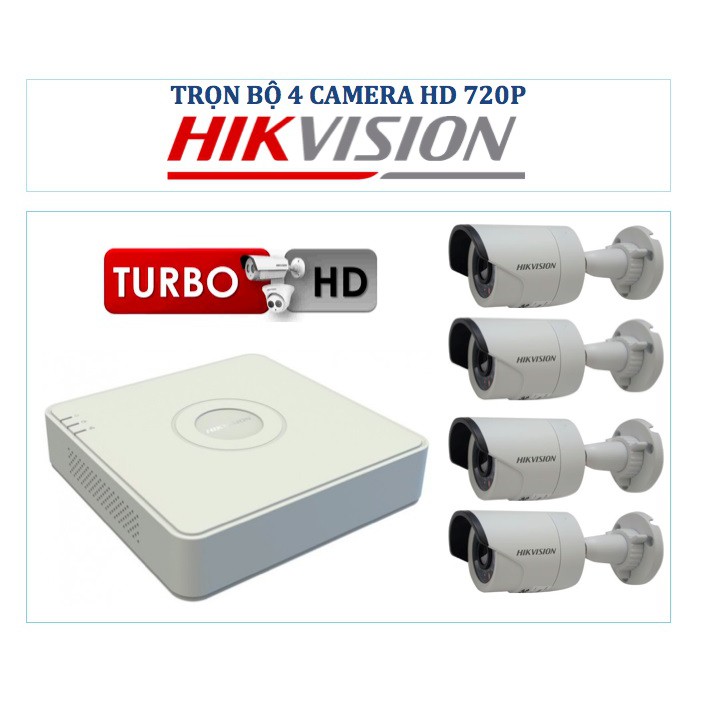 Trọn Bộ Camera Hikvision 4 Mắt 720P + Đầu Ghi 7104HGHI-F1 + Ổ Cứng 500G + Phụ Kiện