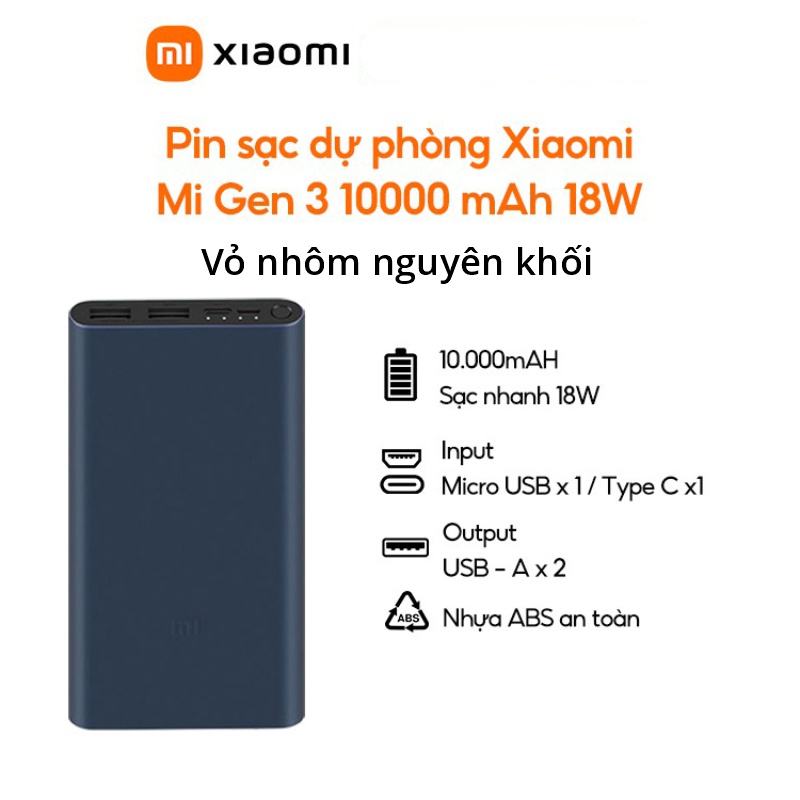 Pin sạc dự phòng Xiaomi Mi Gen 3 10000 mAh 18W - Hỗ trợ sạc nhanh 18W QC 3.0 hai chiều