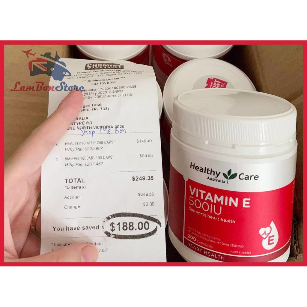 [Tem CHEMIST] VITAMIN E HEALTHY CARE 500IU 200 viên - Xuất xứ Úc