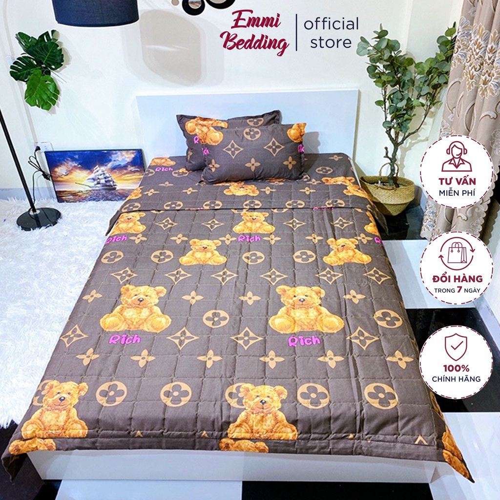 Set ga gối chăn hè chần bông Cotton 5 món EMMIBedding, mẫu Gấu nâu mền cotton họa tiết đáng yêu