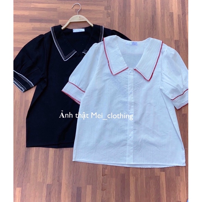[Ảnh thật/video] Áo sơmi cộc tay thiết kế tay bồng viền màu lạ mắt