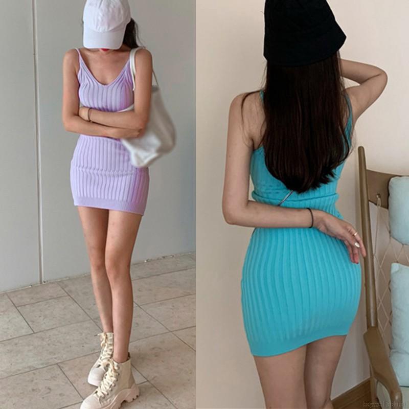 [Baywellfashion]Đầm Body Dệt Kim Cổ Chữ V Thiết Kế Hở Lưng Quyến Rũ