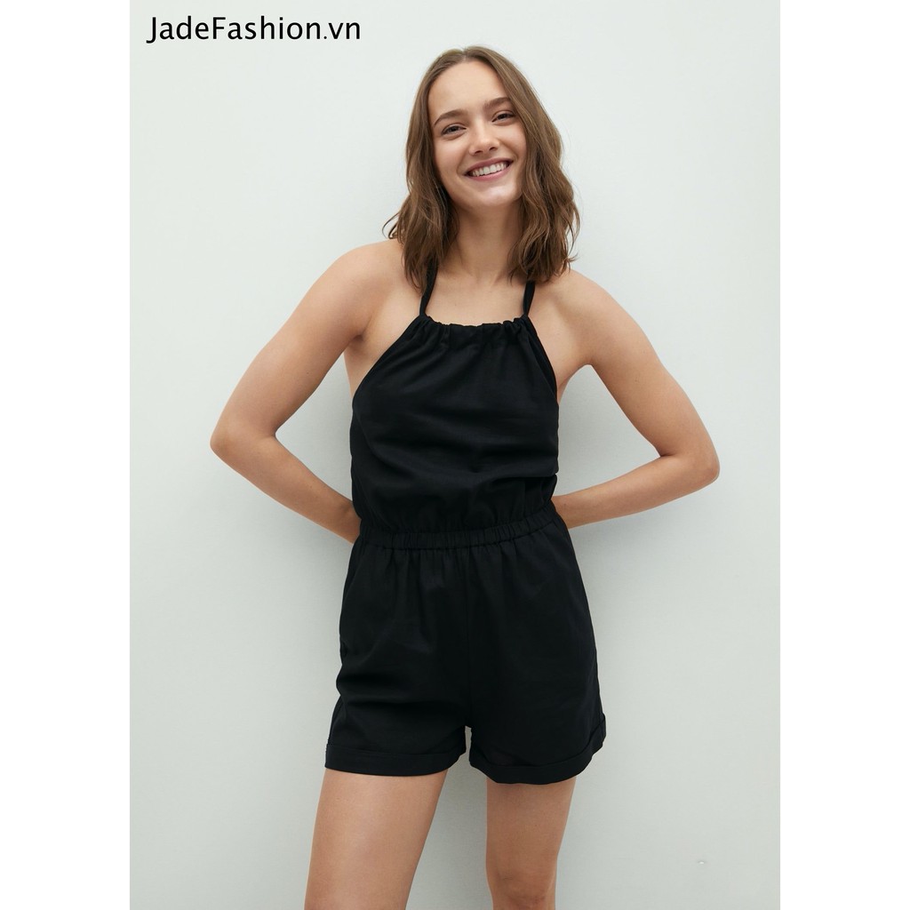 Jumpsuit áo liền quần cổ yếm vải lanh đen thoáng mát MNG 87068629 M,XL