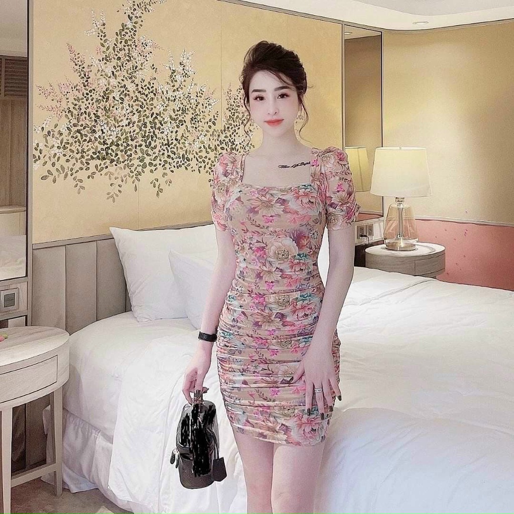 Đầm body cổ vuông đầm xinh họa tiết phối hoa 3 màu đen nure và xanh màu nào cũng tôn dáng tôn da cho chị em đi tiệc phố