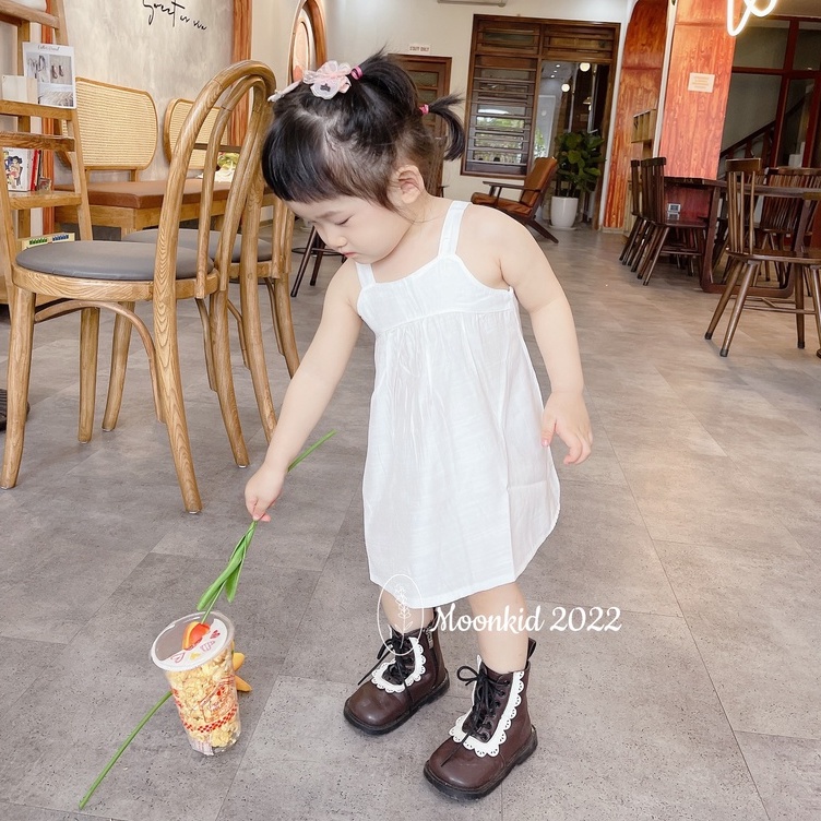 Váy đũi lạnh 2 dây nơ lưng bé gái