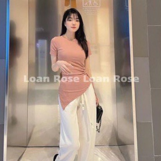 Áo gân tay ngắn rút dây eo tà nhọn, Áo kiểu nữ thun 4 chiều