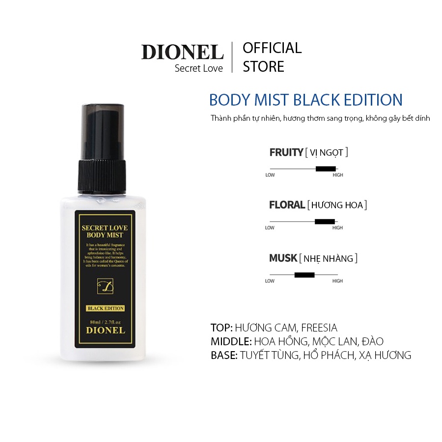 Xịt Thơm Toàn Thân Body Mist Dionel Secret Love Multi Body Mist Black Edition 80ml