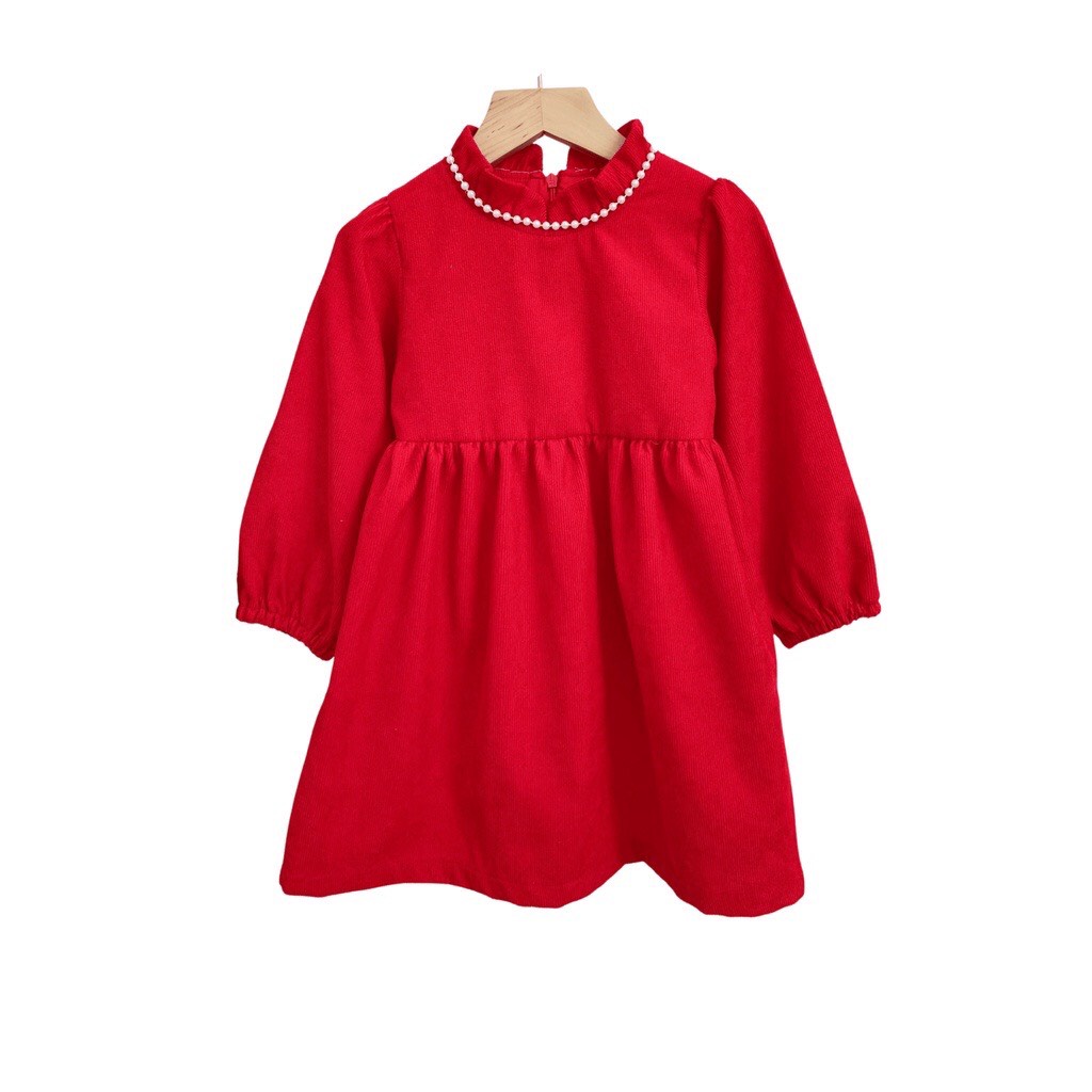 Váy nhung 2 lớp dài tay cổ lá sen viền hoạ tiết cho bé gái Sunkid cao cấp VN5