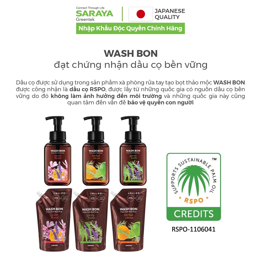 Xà phòng rửa tay thảo mộc tạo bọt Saraya Wash Bon hương cam chanh, làm sạch và dịu nhẹ với da tay - 500ml