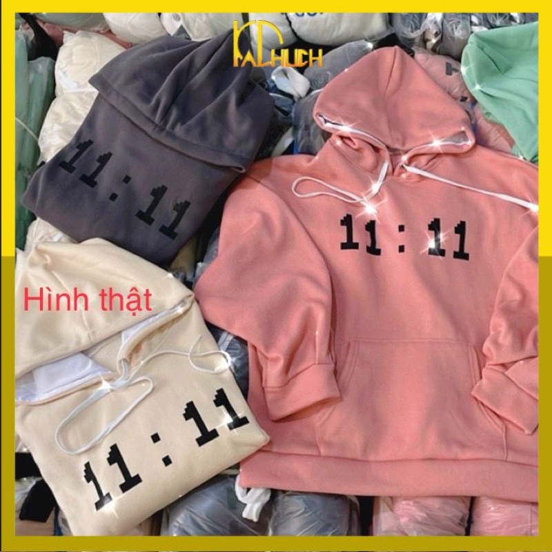 Áo hoodie tay phồng in 11:11 giờ, form rộng &lt;65kg hàng nỉ ngoại dày dặn nón 2 lớ