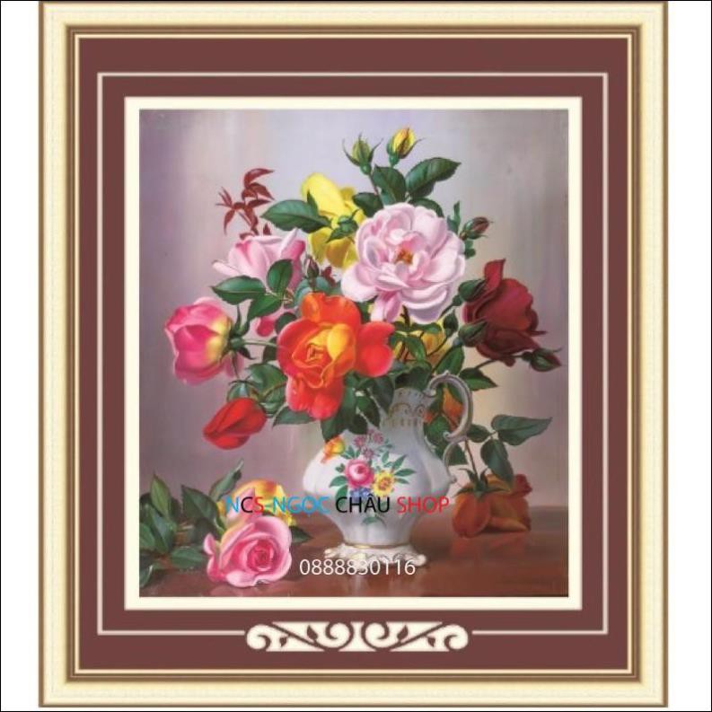 Tranh thêu chữ thập Bình hoa mẫu đơn 3D AL53607 |59x52Cm|- Chưa thêu