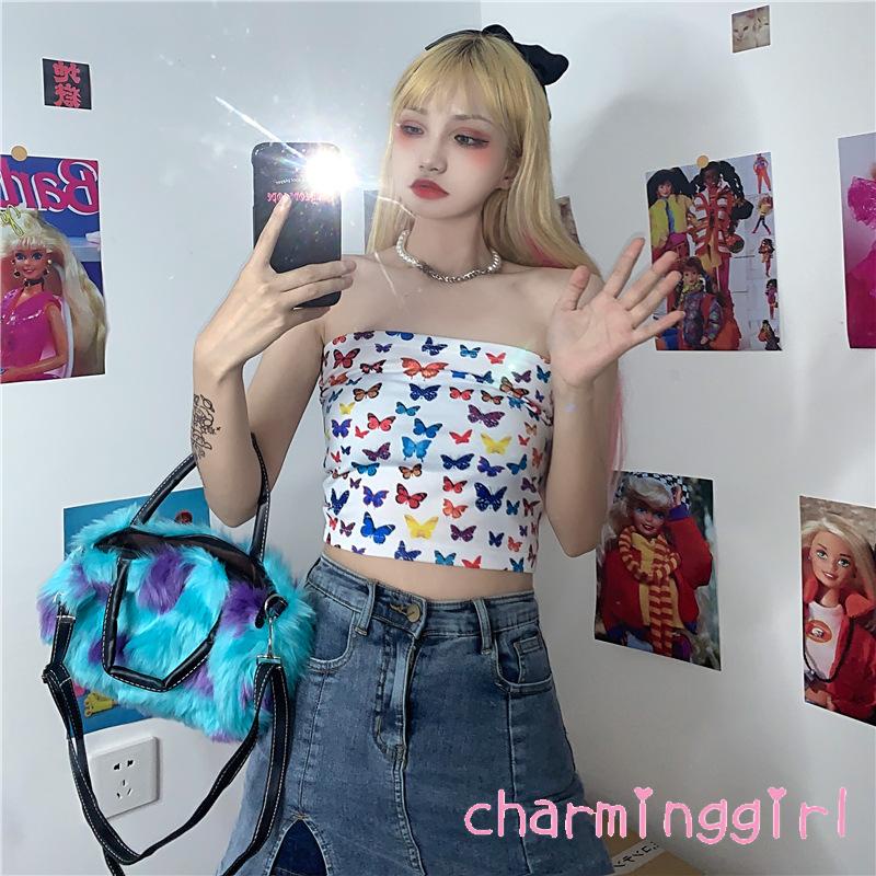 Áo Croptop Không Tay Hở Vai In Hình Bướm Thời Trang Cho Nữ