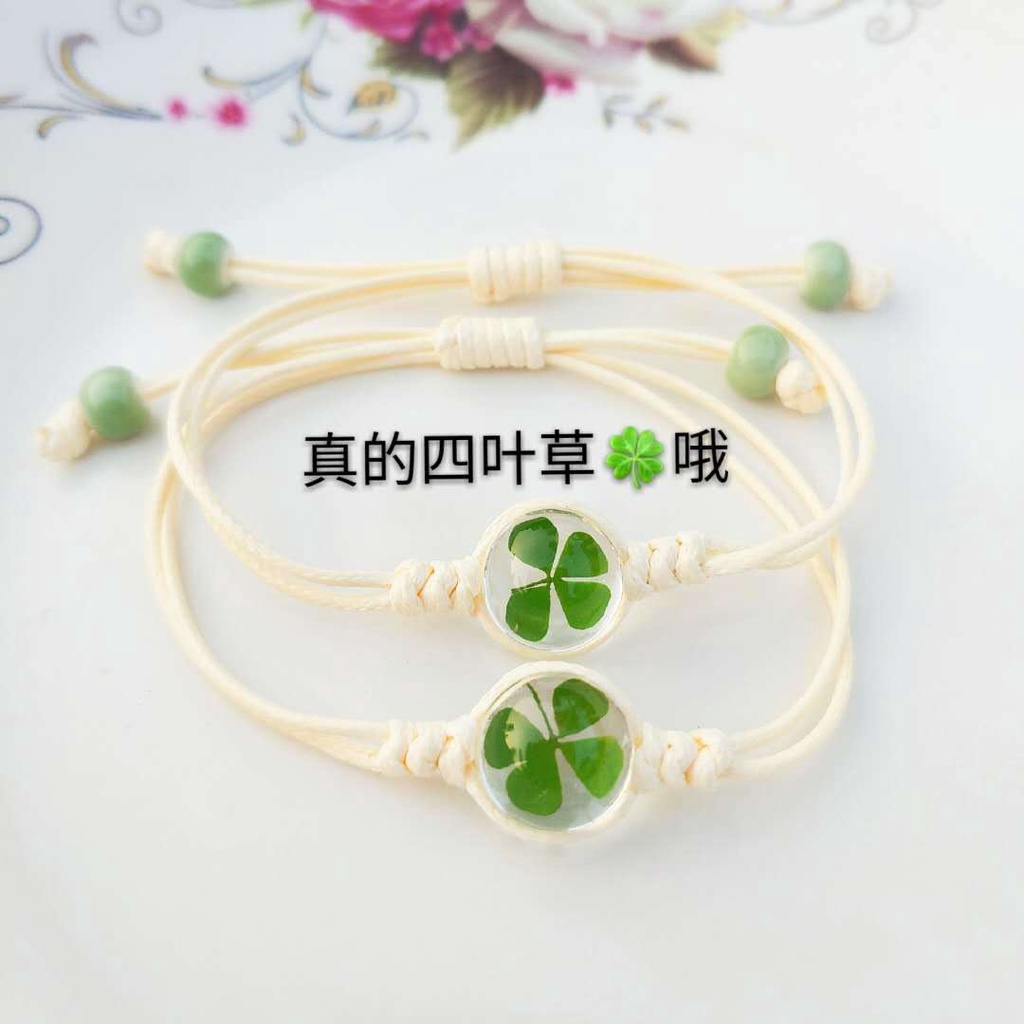 Vòng Tay Mặt Kính Thủy Tinh Ép Hoa Khô Cỏ Bốn Lá May Mắn Thời Trang Ngọt Ngào Dành Cho Cặp Đôi