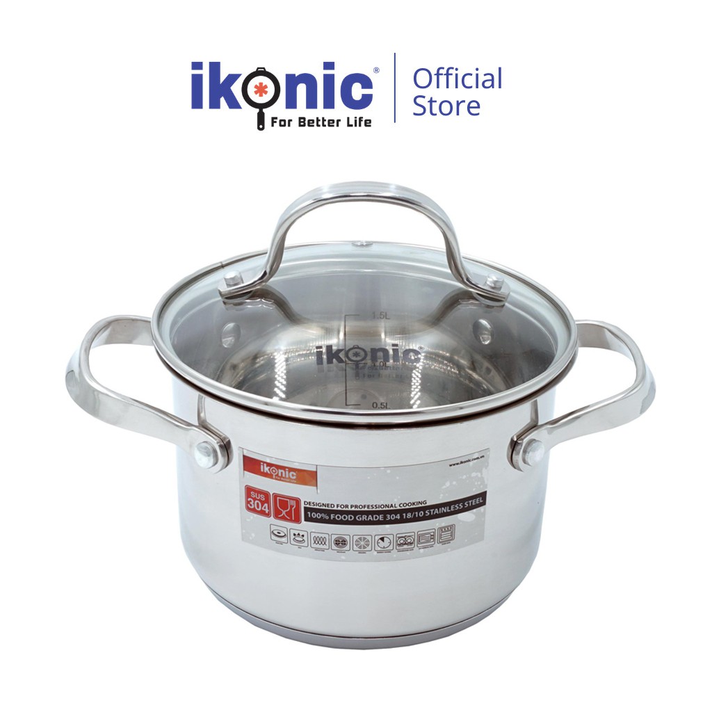 Nồi Inox có nắp kính IKONIC IK55 Siêu bền Inox 304 18/10 chống ăn mòan, đáy nồi 5 lớp dùng cho mọi loại bếp, quai đinh