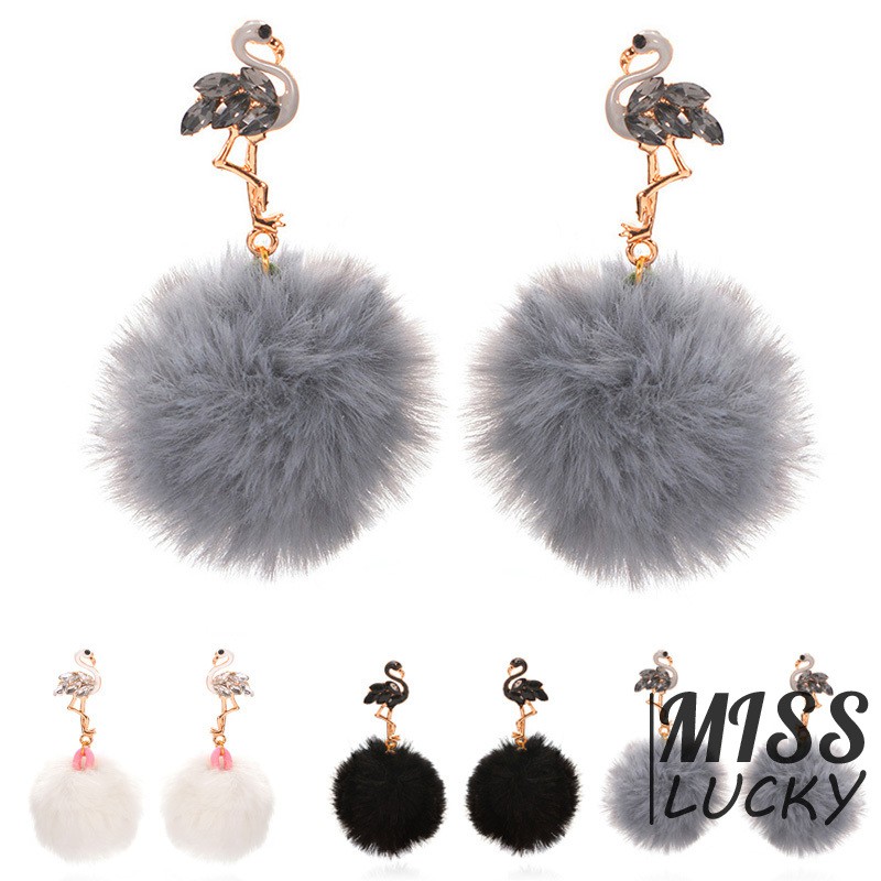 ❤HHN-VN Women Drop Earrings Cute Flamingo Pompon Animal Fake Fur Ball Lady Dangle Earring Jewelry Ac