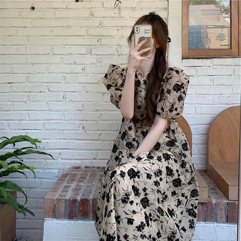 Đầm IELGY dáng dài eo cao tay ngắn in họa tiết hoa cổ điển thời trang dành cho nữ