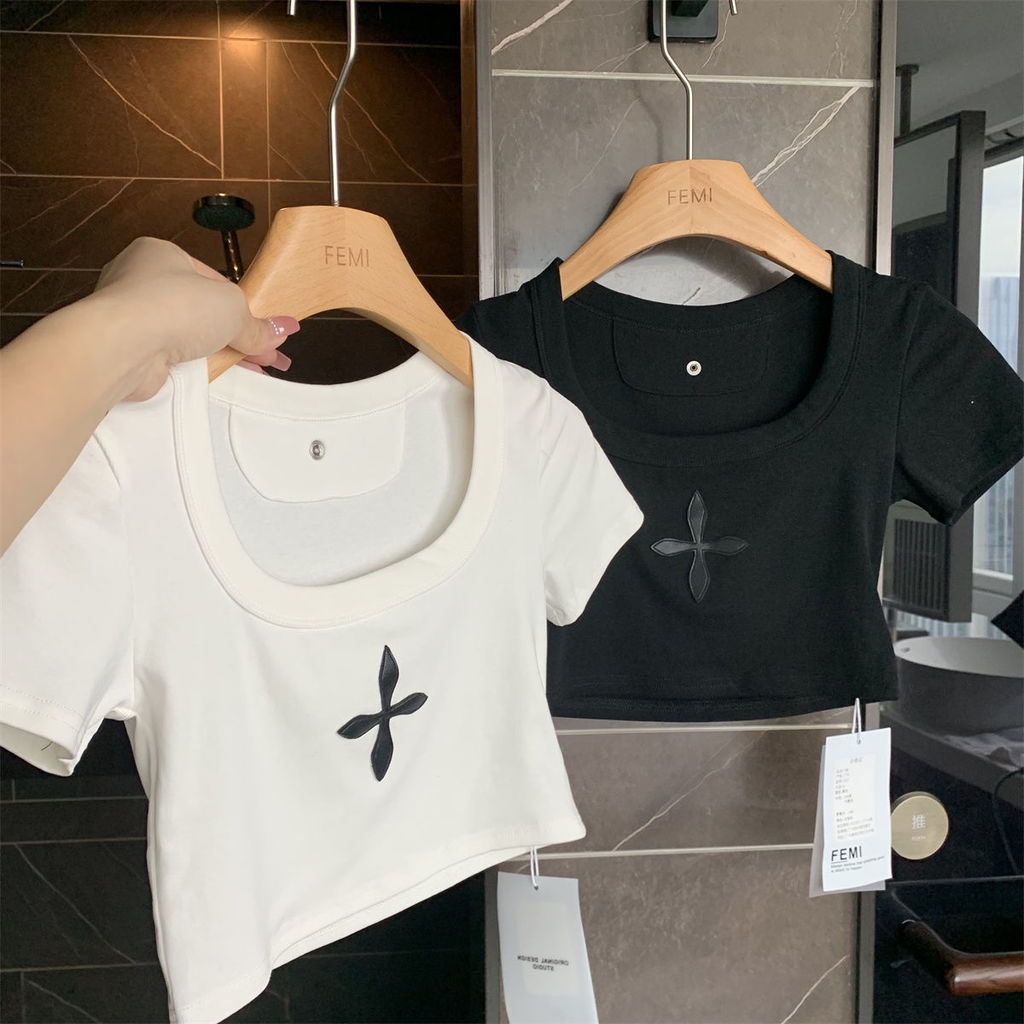 Áo Thun Croptop Ngắn Tay Hai Màu Trắng Đen Thời Trang Cho Nữ