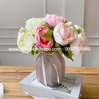 Bó Hoa Mẫu Đơn Peony Merber (Mơ & Bơ) Loại 6 Bông Màu Pastel - Cành Hoa Lụa Hoa Khô Decor Trang Trí Trong Nhà