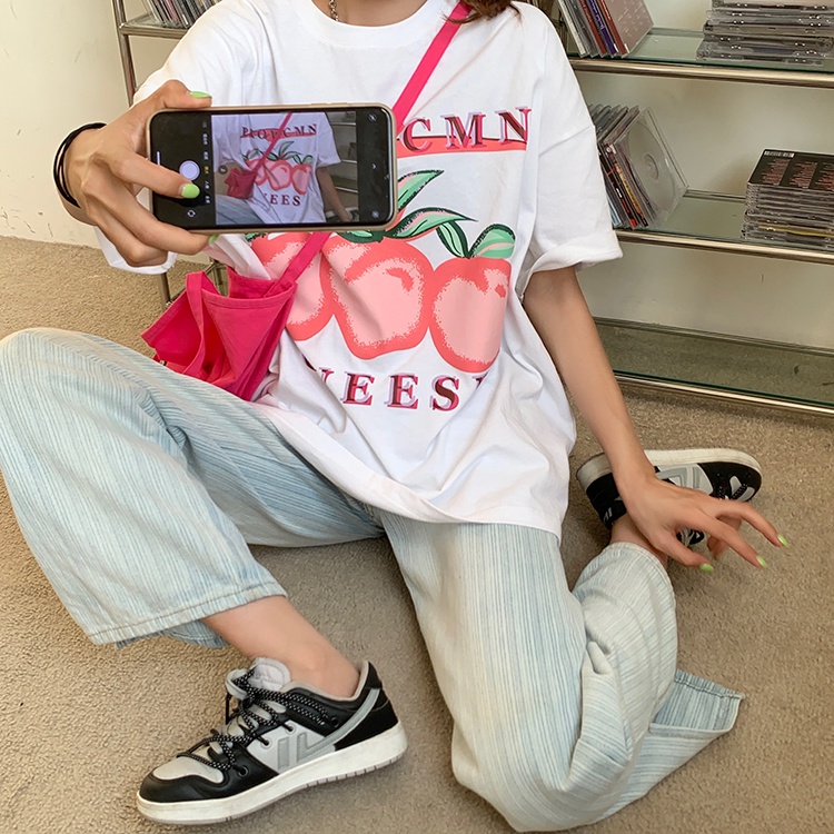 SUXI Áo Thun Ngắn Tay Dáng Rộng In Hình Trái Cây Phong Cách Cổ Điển Thời Trang Mùa Hè Cho Nữ