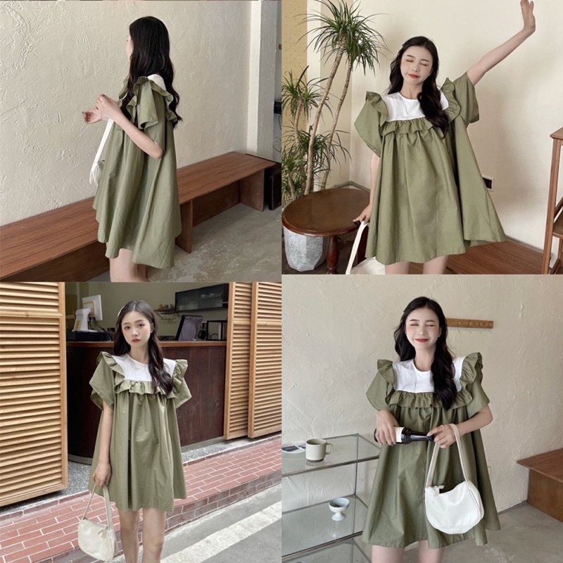 ( HÀNG QUẢNG CHÂU LOẠI 1 ) Váy babydoll cánh tiên phong cách ulzzang màu trắng/xanh rêu (hàng sẵn)